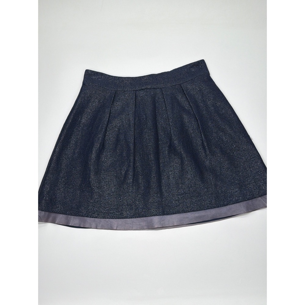 Artelier Nicole Miller Navy Blue Textured Pleated Mini Skirt Leather Trim Size 6